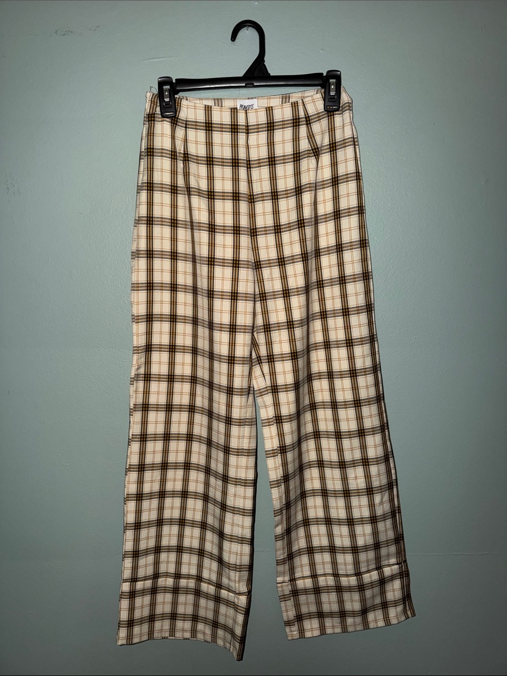 Princess Polly Cream and Brown Plaid Wide Leg Trousers